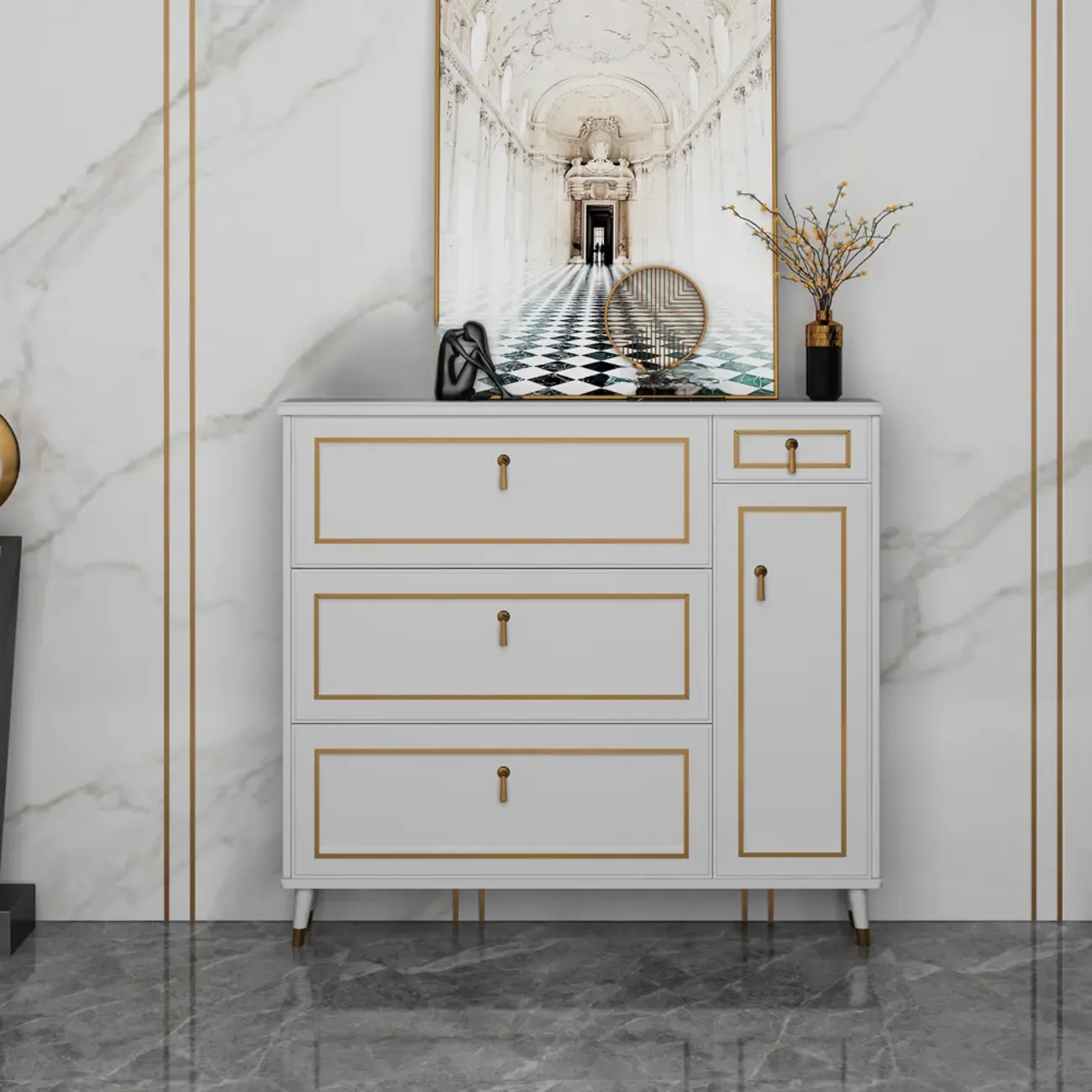 Grey Wooden Drop Front Shoe Cabinet with Adjustable Shelves