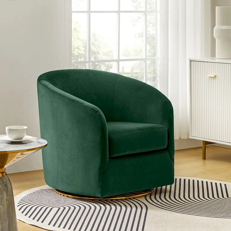Modern Velvet Curved Swivel Accent Barrel Chair with Metal Base