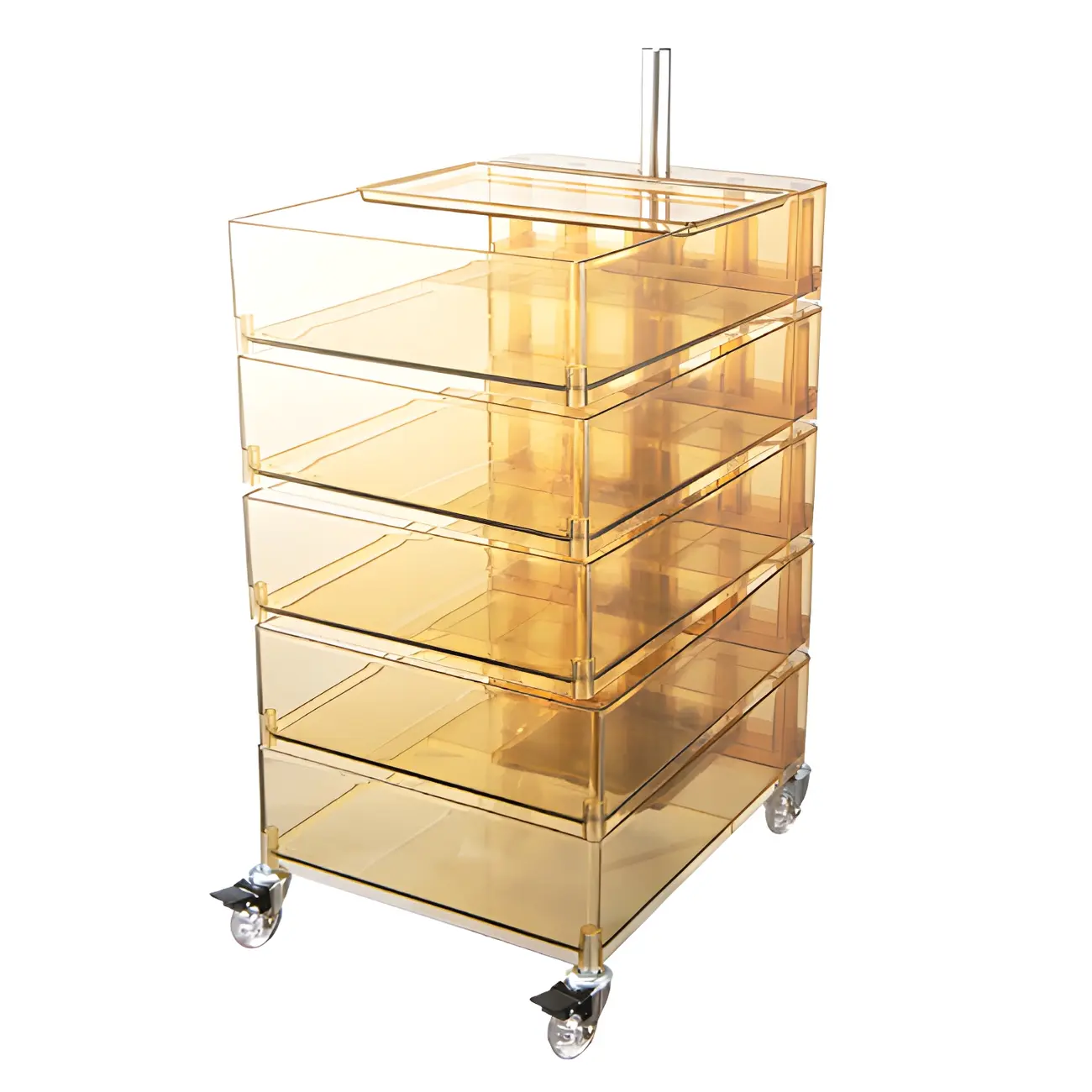 Vibrant Yellow Transparent Nightstand with Drawers and Wheels
