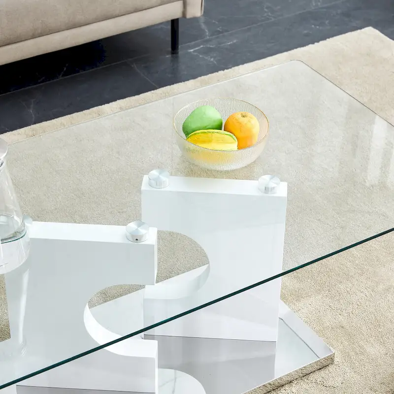 47.2 Modern Rectangular Coffee Table with Tempered Glass Tabletop and MDF Legs