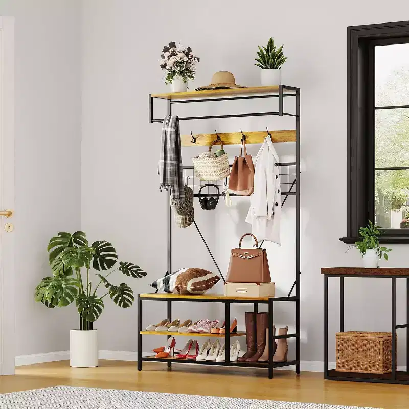5-in-1 Hall Tree with Bench & Shoe Storage — 9 Hooks, Adjustable Shelf, 4 Colors
