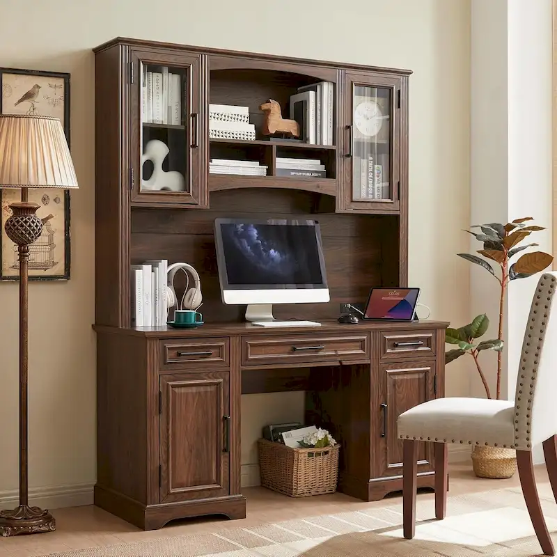 Farmhouse Computer Desk with Hutch,Office Desk with Charging Station