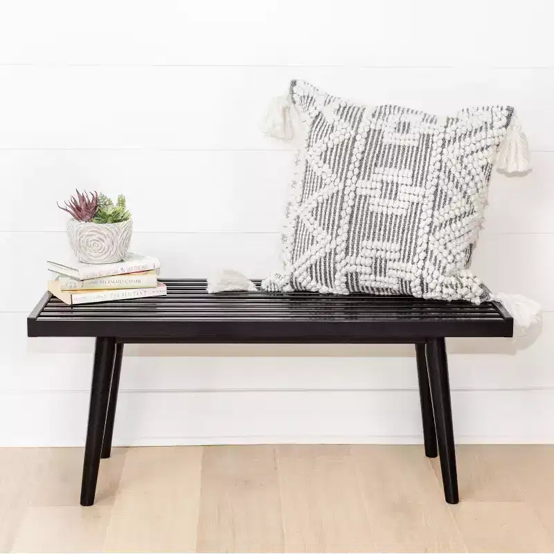 Mid-Century Solid Wood Bench – Black/Clay/Natural/Pecan/Teal/Walnut/White/Yellow – Seats 1