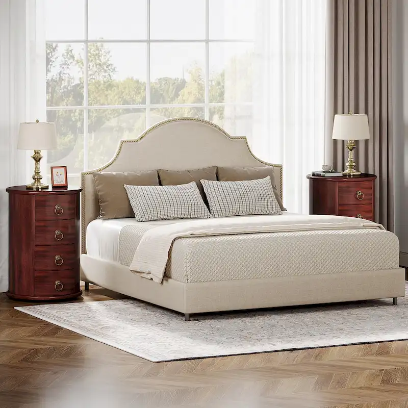 Cherry Brown Nightstand with 4 Drawers - Mid-Century Wood Bedside Table