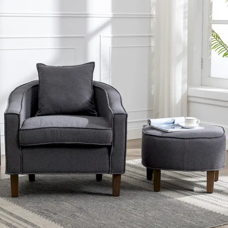 Linen/Polyester Upholstered Mid Century Barrel Chair with Ottoman