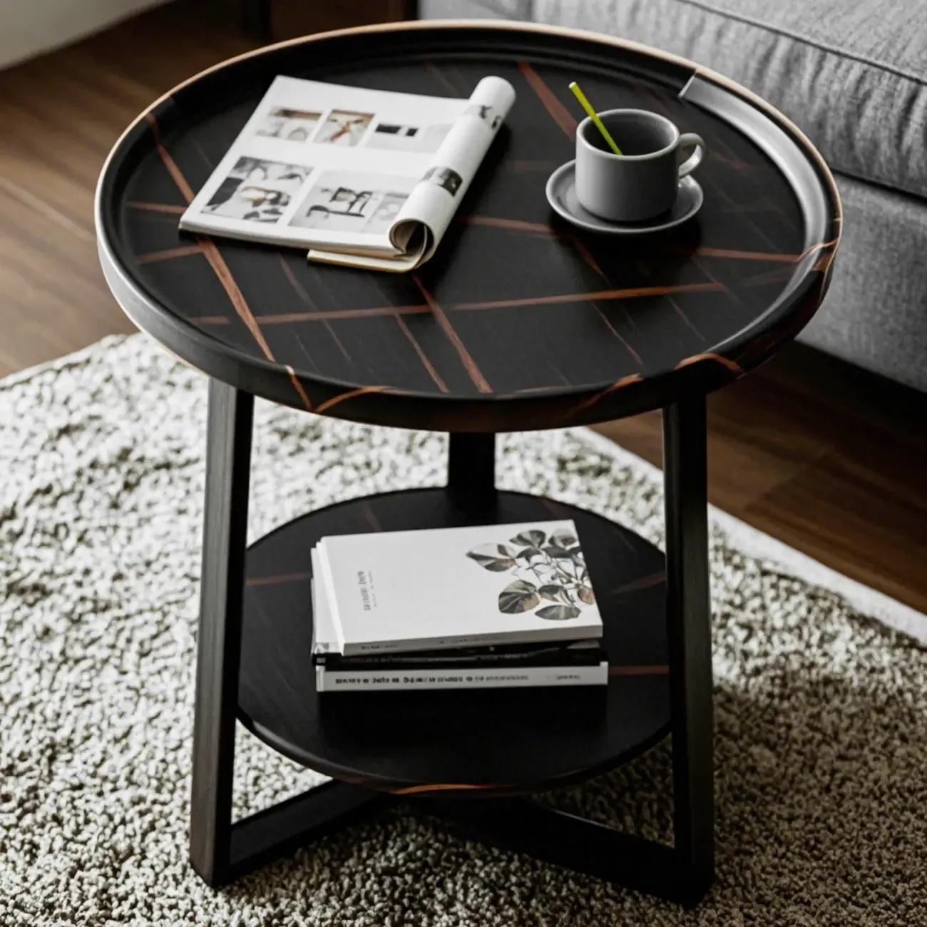 Modern Wooden Top Tray Coffee Table with Cross Legs & Shelf