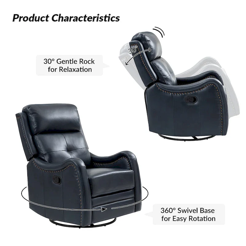 Genuine Leather Swivel Rocker Recliner with Nailhead Trims by