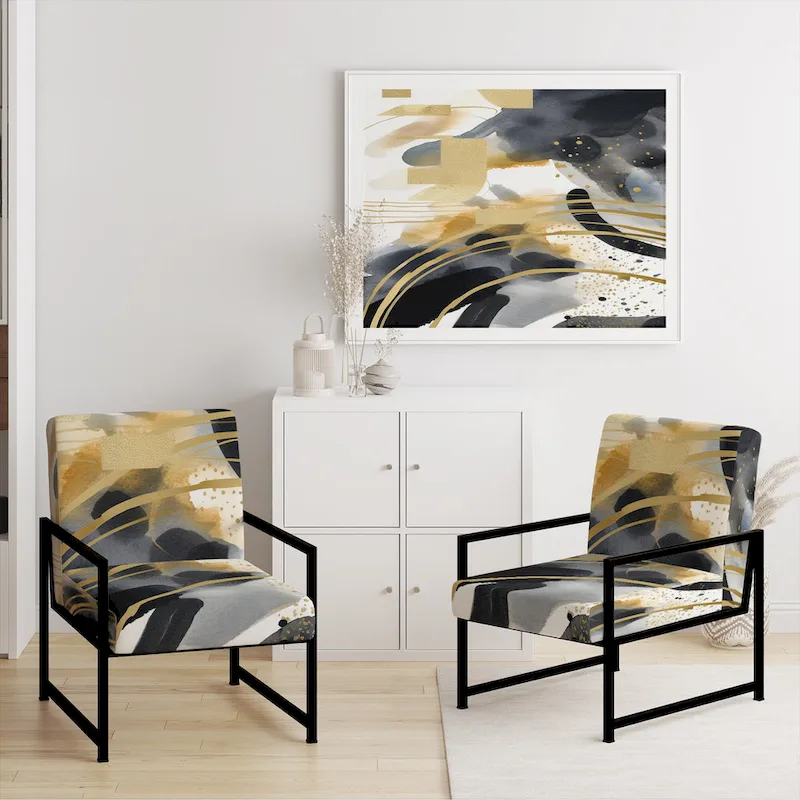 Designart Pastel Abstract With Blue Black & Gold Spots III Upholstered Fractals Accent Chair and Modern Arm Chair
