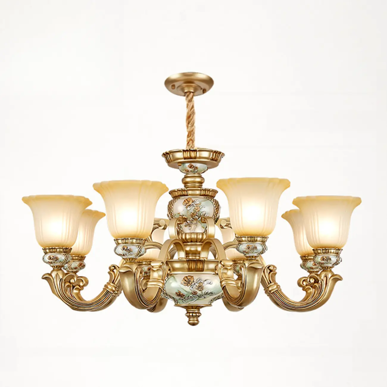 Antique Gold Ceramic Chandelier with Frosted Glass Bell Shape