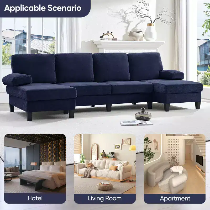Mjkone 110U-Shaped Sectional Couches,Chenille Upholstered Large 4-Seater Sofa with Double Chaises and Sleepable Armrests