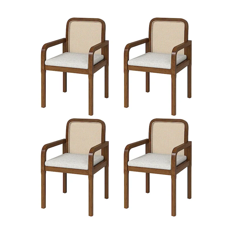 Modern Rattan Back Dining Chair with Removable Cushion - Rubber Wood Frame, Linen Upholstery