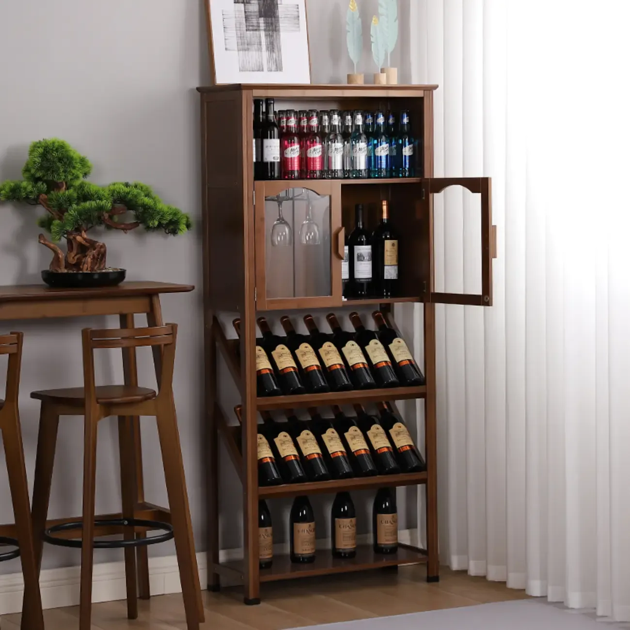 Modern Wooden Wine Rack with Glass Storage Shelves