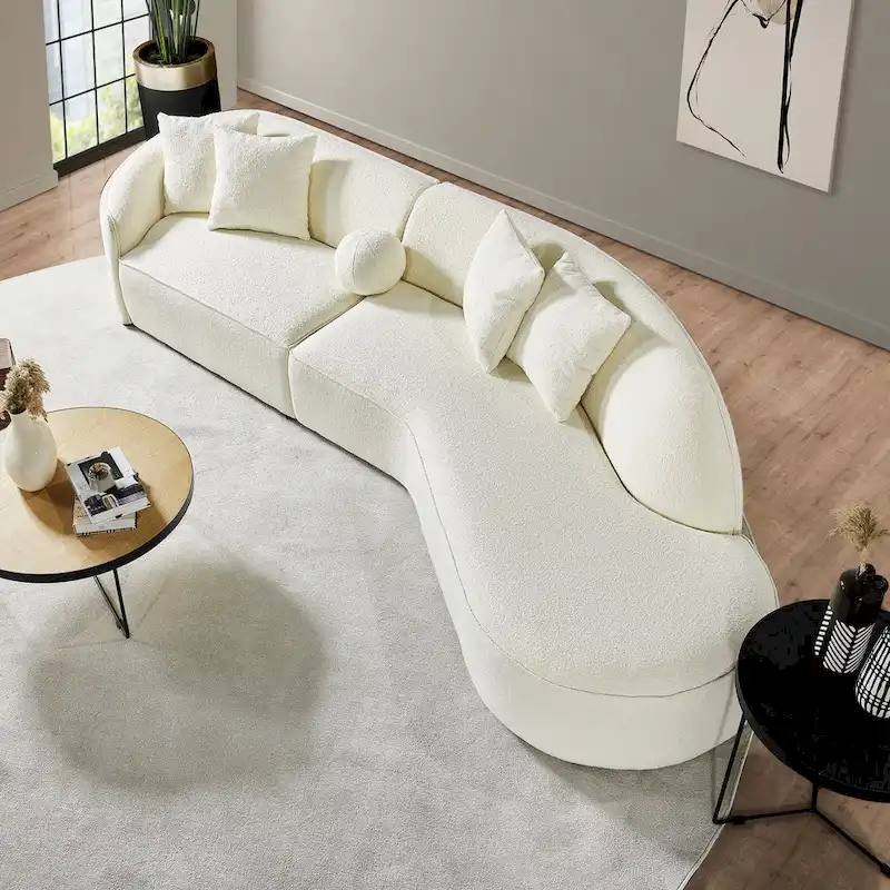 Gallar Japandi Style Luxury Modern Boucle Fabric Curved Sofa in White