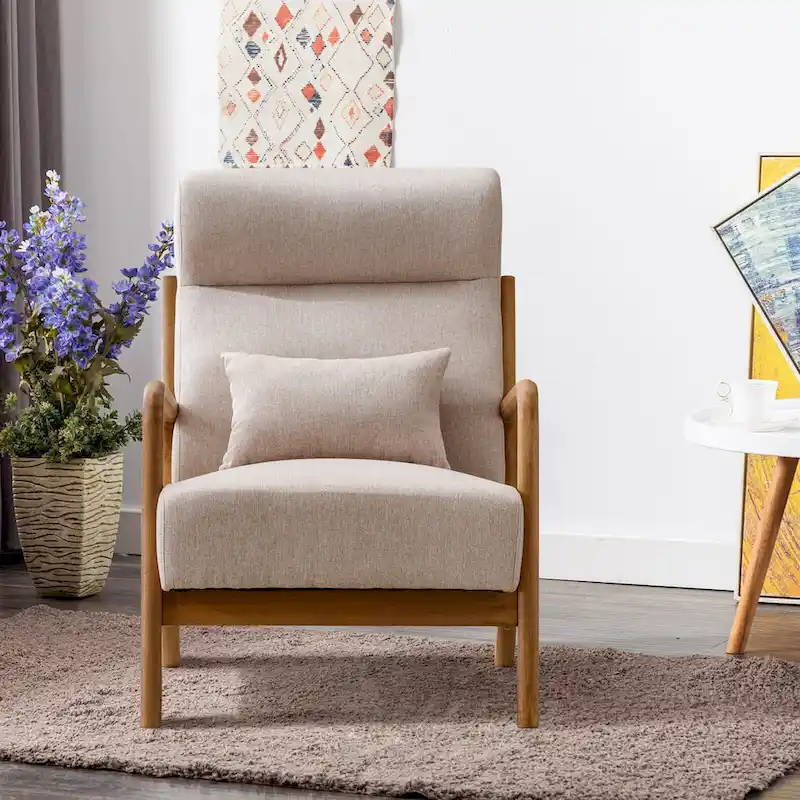 Upholstered Linen Blend Accent Chair with Wooden Legs and One Pillow