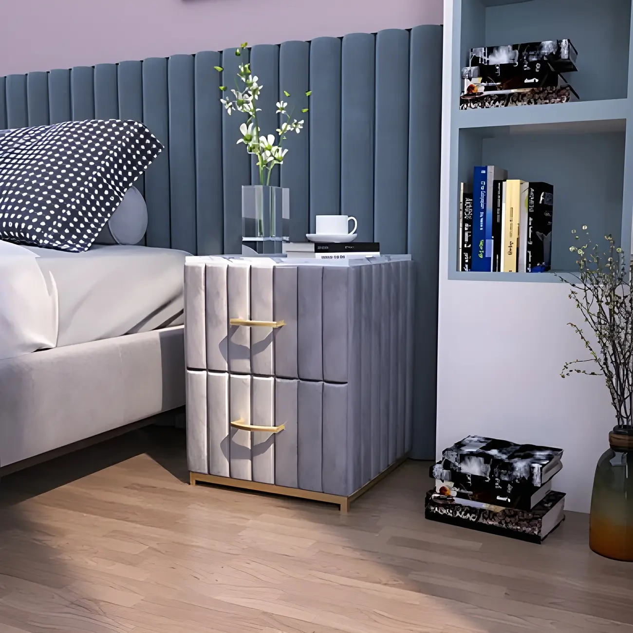 Glam Genuine Marble Nightstand with Drawers & Metal Base