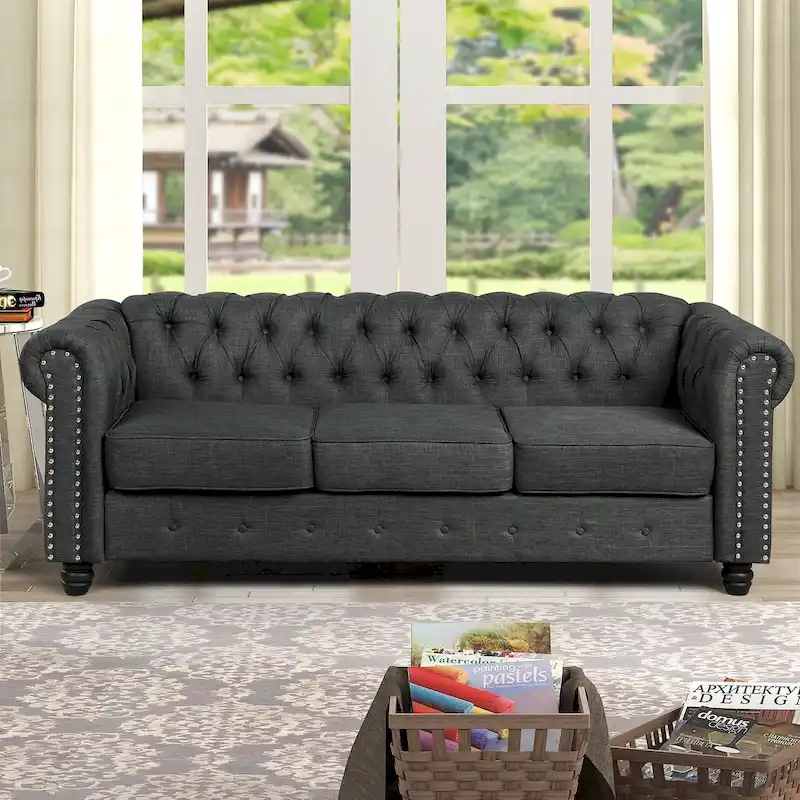 Morden Fort Linen Chesterfield Sofa with Button Tufted, Nailhead and Solid Wood Legs for Living Room
