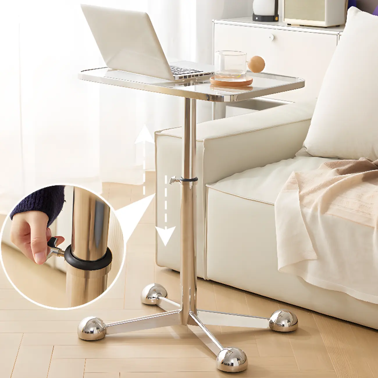 Adjustable Glass Side Table with Wheels and Metal Legs