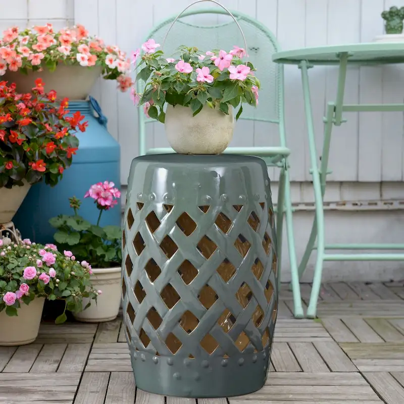 Patio Decorative End Table, Ceramic Garden Table with Woven Lattice Design & Glazed Strong Materials, Green