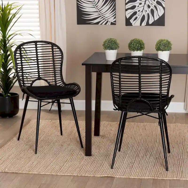 Modern Bohemian Rattan and Metal 2-Piece Dining Chair Set