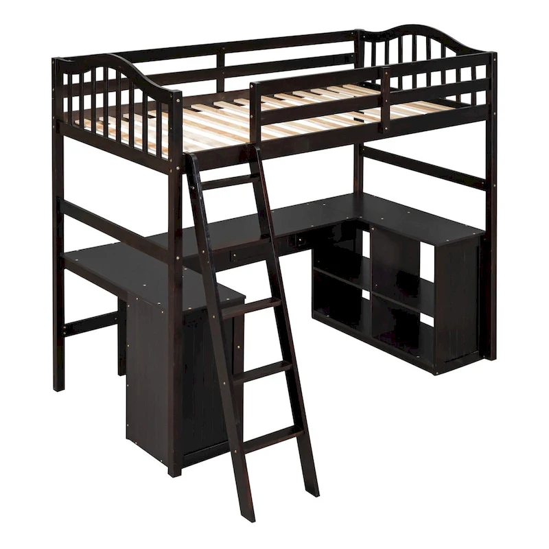 Twin Loft Bed with Drawers, Cabinet, Shelves, and Desk