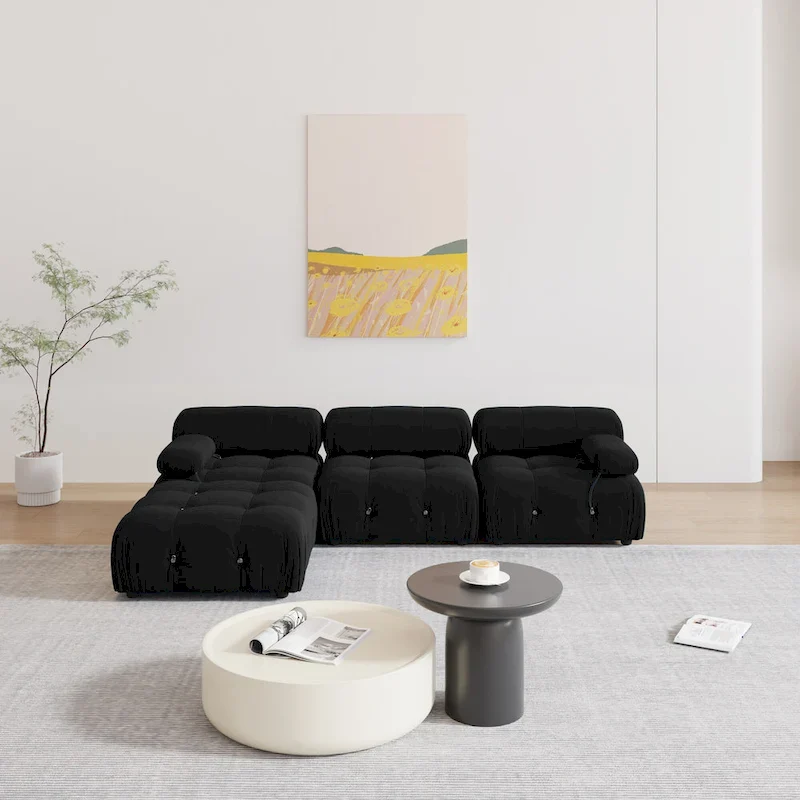 Black Velvet Upholstered Sectional Sofa