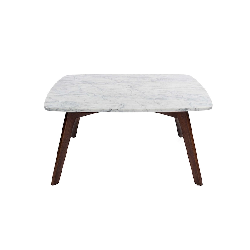 Vezzana 31 Square Italian Carrara White Marble Coffee Table with Walnut Legs