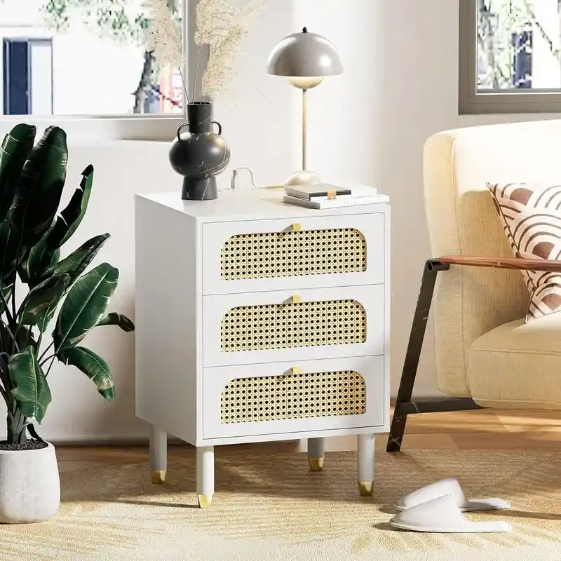 Rattan Nightstand with 3 Drawers