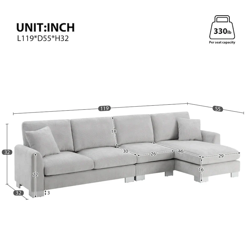 119 Chenille L-Shaped Sectional Sofa with Chaise Lounge and 2 Pillows