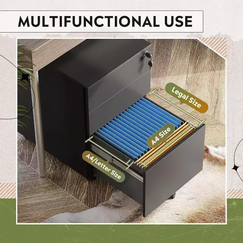 DEXYLLO Locking File Cabinet, 3 Drawer Rolling Pedestal Under Desk Office, Fully Assembled Except Casters