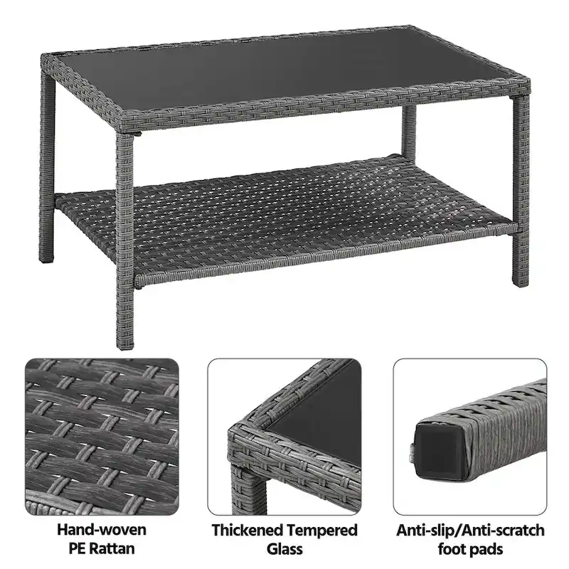 Yaheetech Wicker 2-Layer Patio Rattan Table with Tempered Glass Top