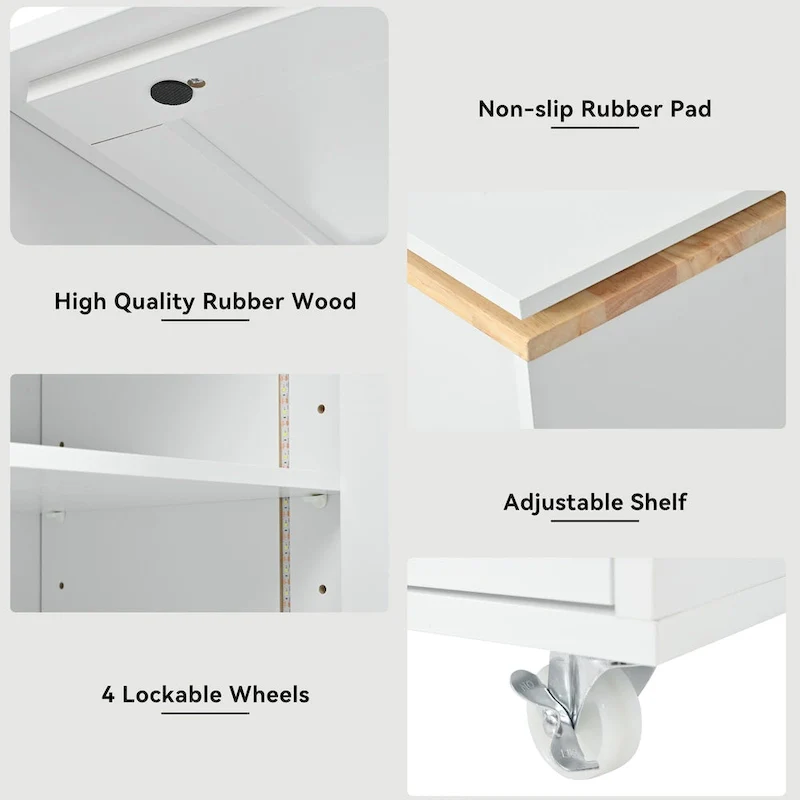 LED Lights Kitchen Island Cart With Extended Table and Power Outlets