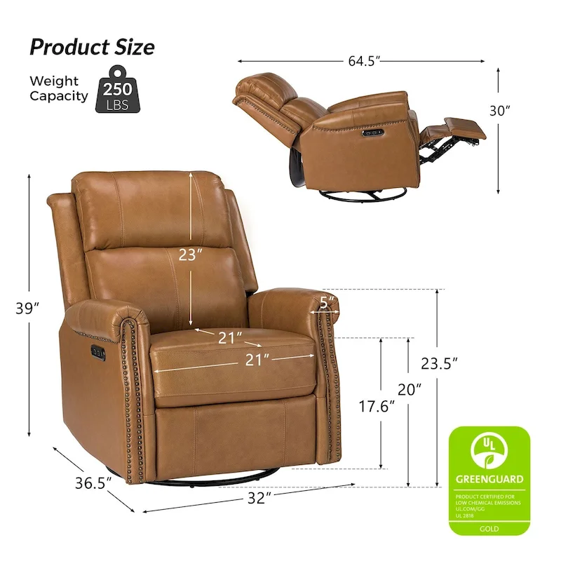 Renato Traditional Genuine Leather Nailhead Power Swivel Recliner Chair with Metal Base Set of 2 by HULALA HOME