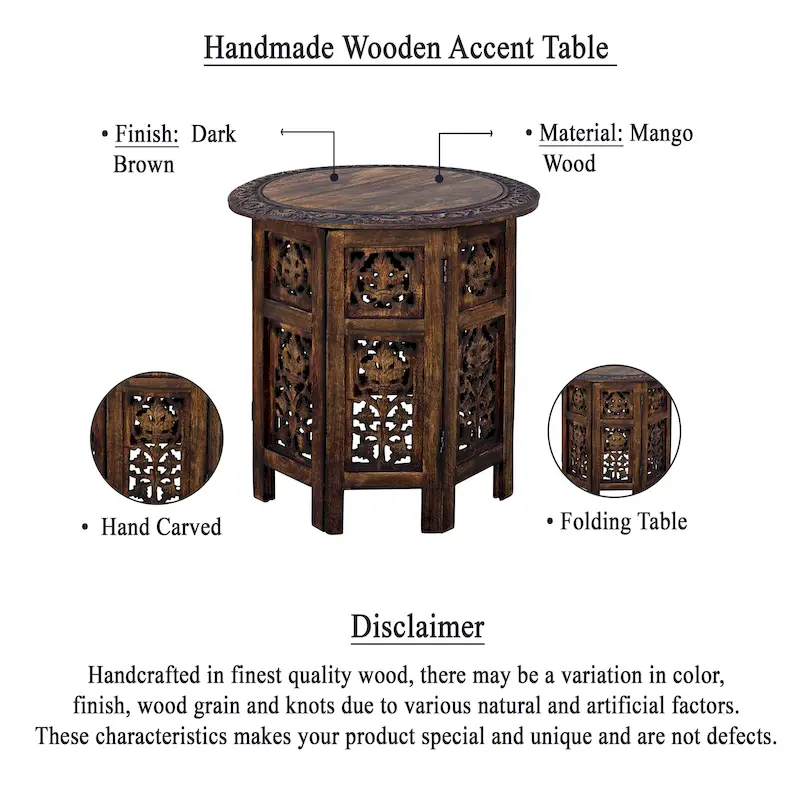 18 Inch Mango Wood Folding Accent Table, Hand Carved, Walnut Brown