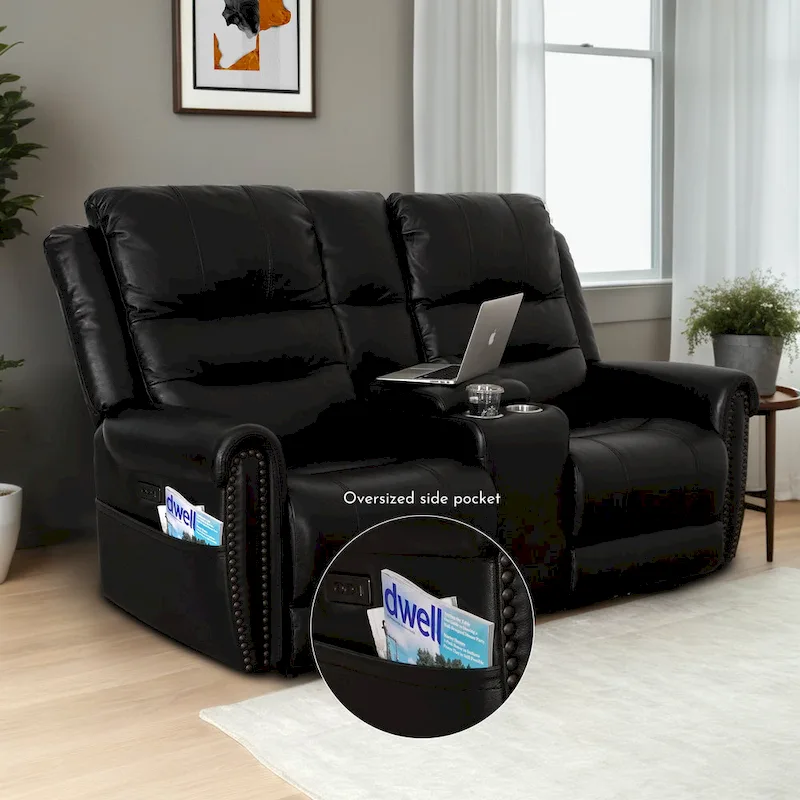 Genuine Leather Black Power Recliner Sofa, Loveseat, Recliner With Adjustable Headrest and Extendable Footrest