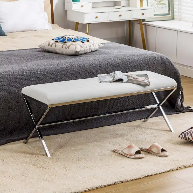 Tufted Faux Leather 46.5 Length Upholstered Dining Bench with Metal X Legs