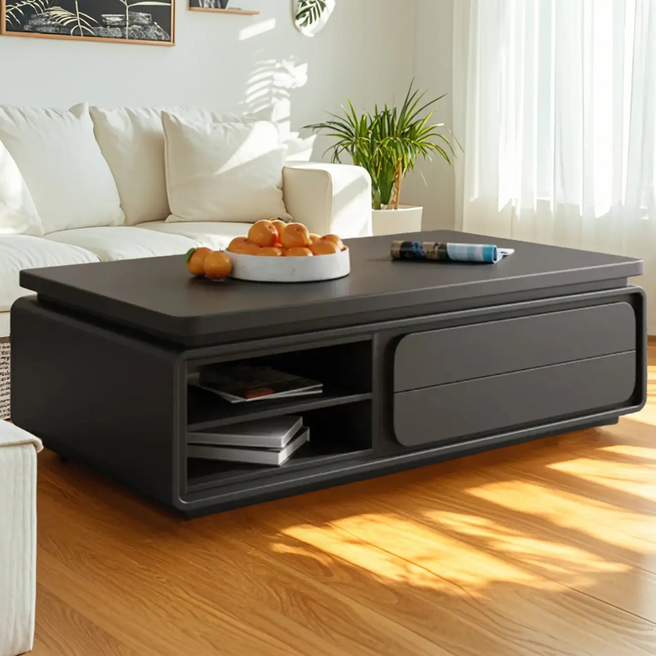Modern Black Wooden Rectangular Coffee Table with Drawers