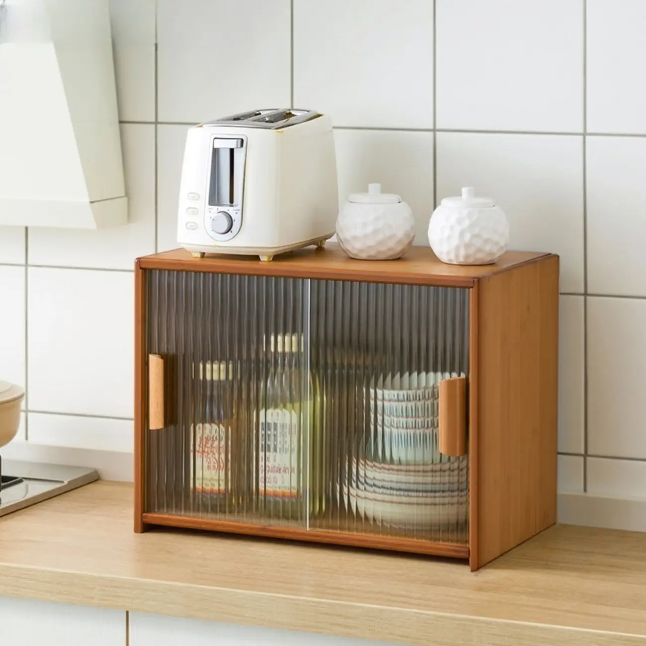 Bamboo Glass Door Display Cabinet for Kitchen