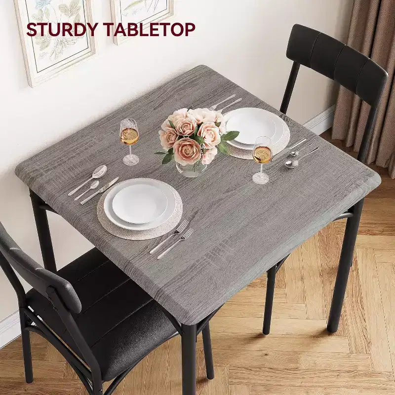 Modern Rustic Square Dining Set, 29.2' L x W 30.1' H Table, 33.7' 18.4' 17' Chairs, 2 Person, Metal & MDF, Easy Assembly, Space-Saving