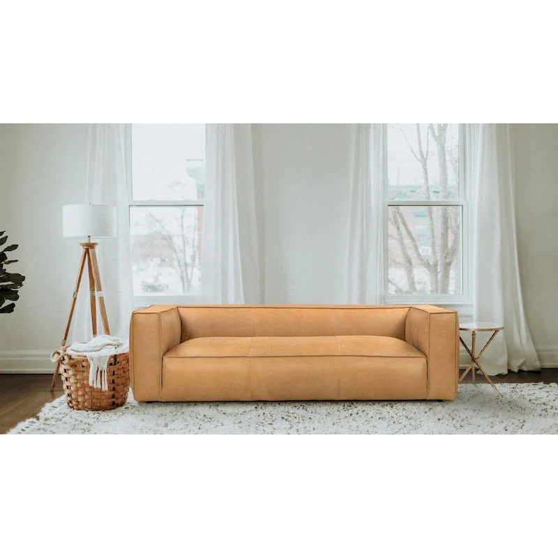 Brown/Light Brown Genuine Aniline Leather Sofa, Square Arms, 100