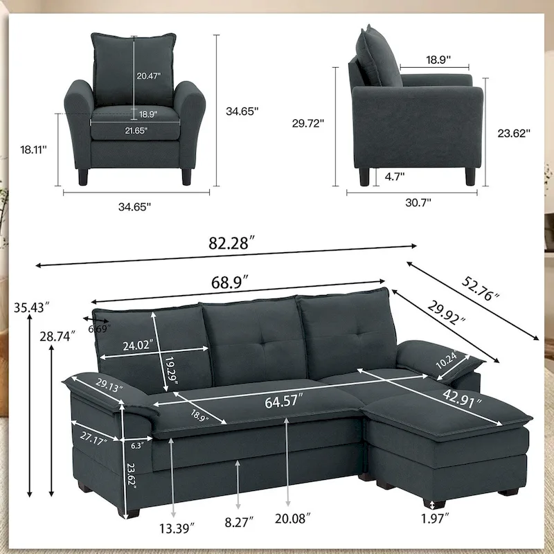 82.28 L Shaped 3 Pieces Living Room Sets
