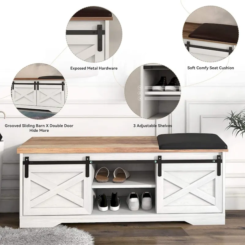 47 Farmhouse Entryway Shoe Bench with Thickened Cushion