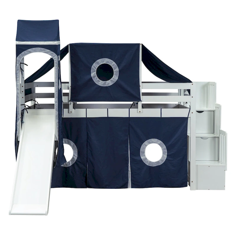 Twin Pine Loft Bed with Staircase, Slide, Tent, Tower, and Guardrail
