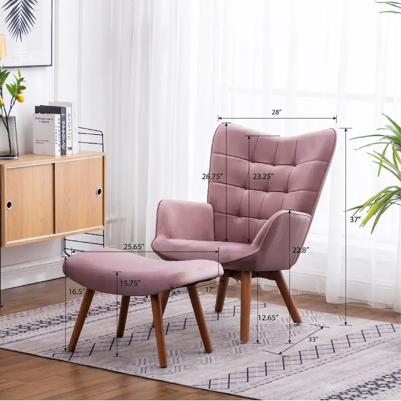Yellow Modern 33 Polyester Button Tufted Accent Chair with Ottoman and Tapering Wood Dowel Legs