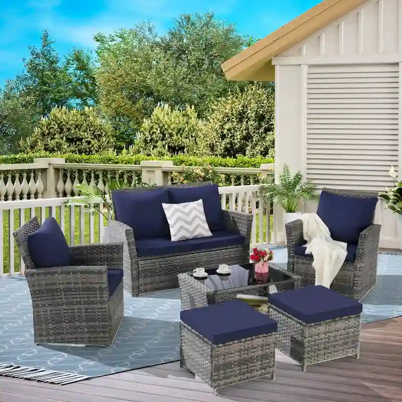 6 Piece Wicker Patio Furniture Sets with Tempered Glass Coffee Table & Ottoman