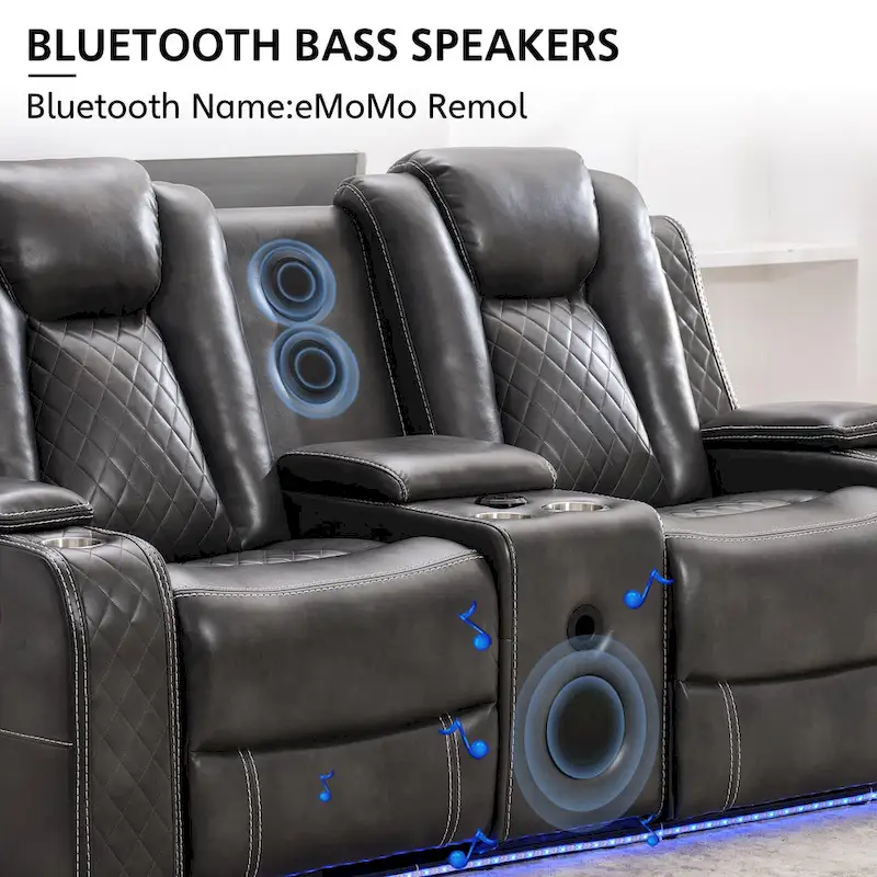 Power Reclining Sofa with Wireless Charger & LED Light – Faux Leather, Black