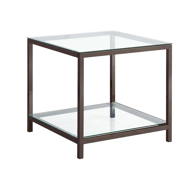 Glass Top End Table with Metal Frame and Open Shelf, Nickel