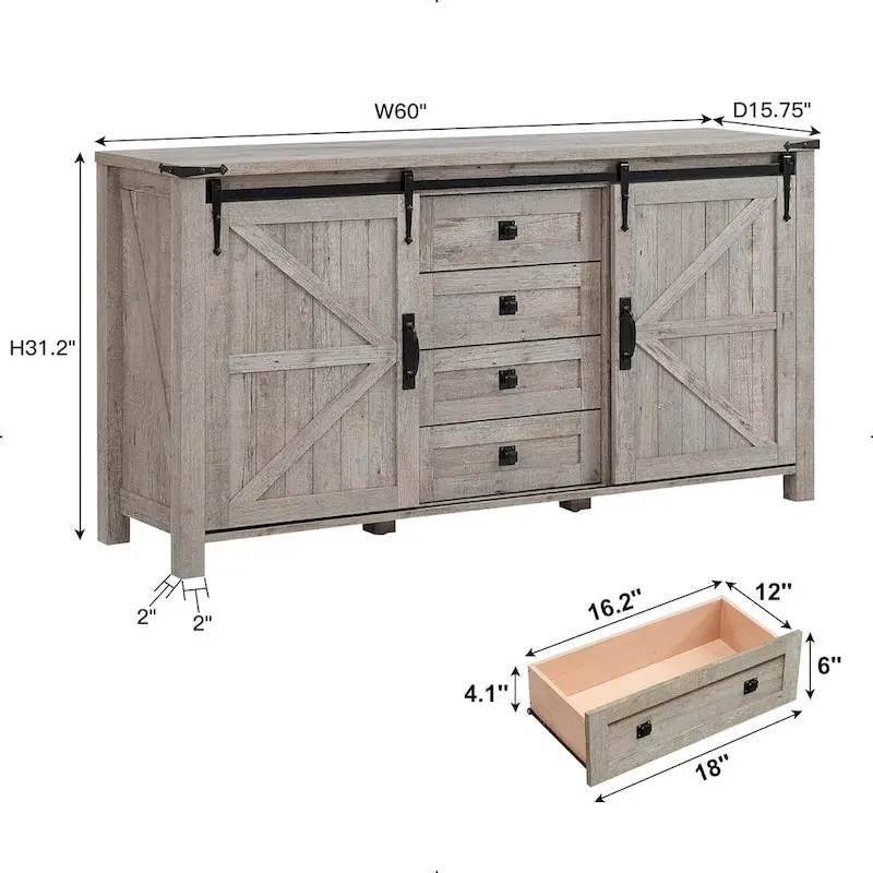 Farmhouse Dresser with 4 Drawers & 2 Sliding Cabinets, Dark Rustic Oak/Antique White/Barnwood