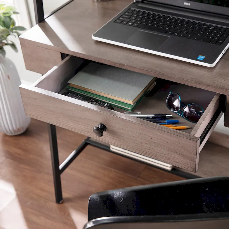 Ladder Desk - Gray Wood, 3 Shelves, 1 Drawer, Wireless Charger, Industrial, 33W x 75.25H