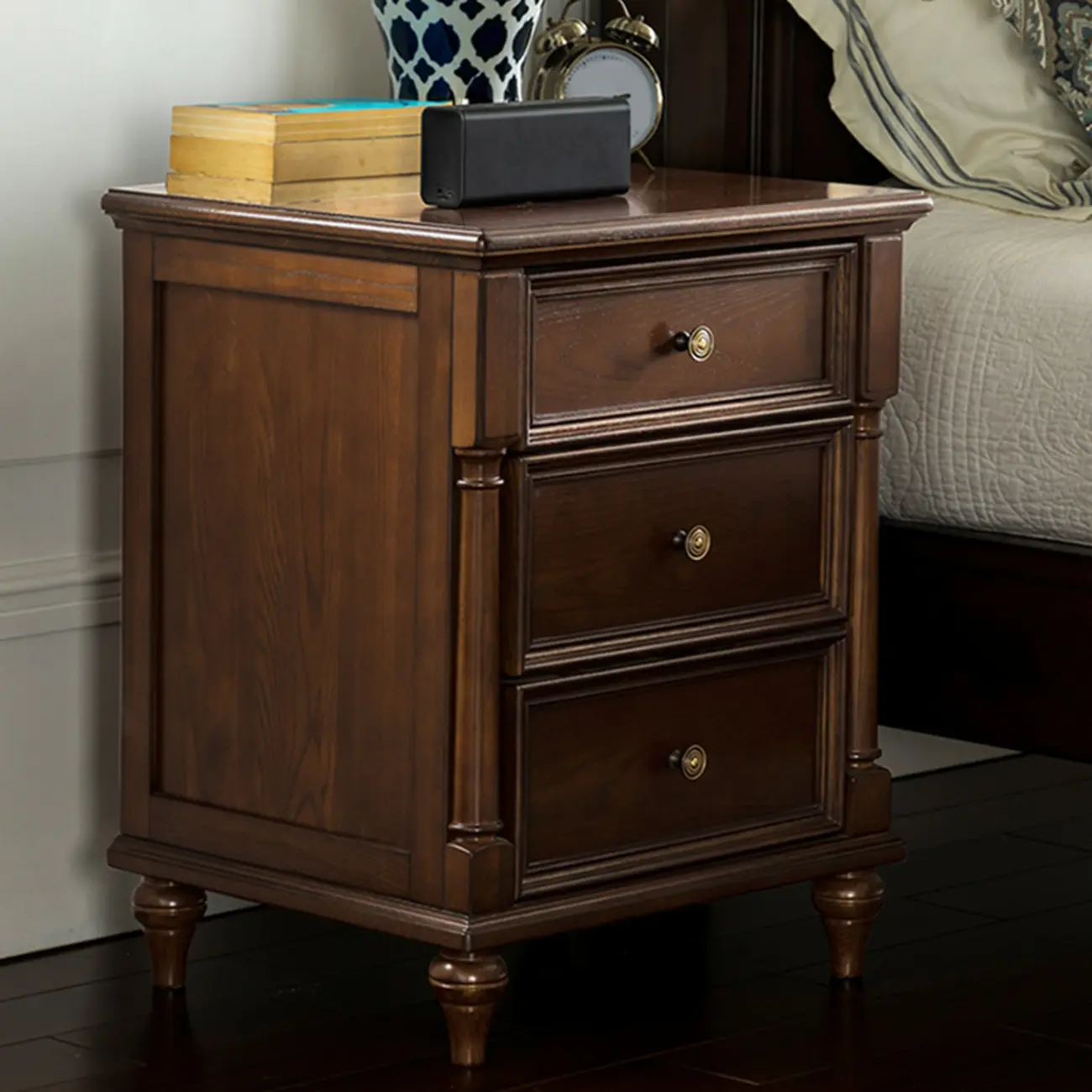 Traditional Ash Wood Nut-Brown 3-Drawer Bedroom Nightstand