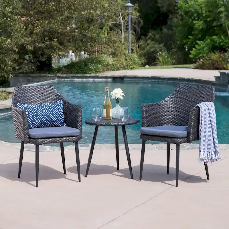 Iona Outdoor 3-Piece Round Wicker Chat Set with Cushions by Christopher Knight Home